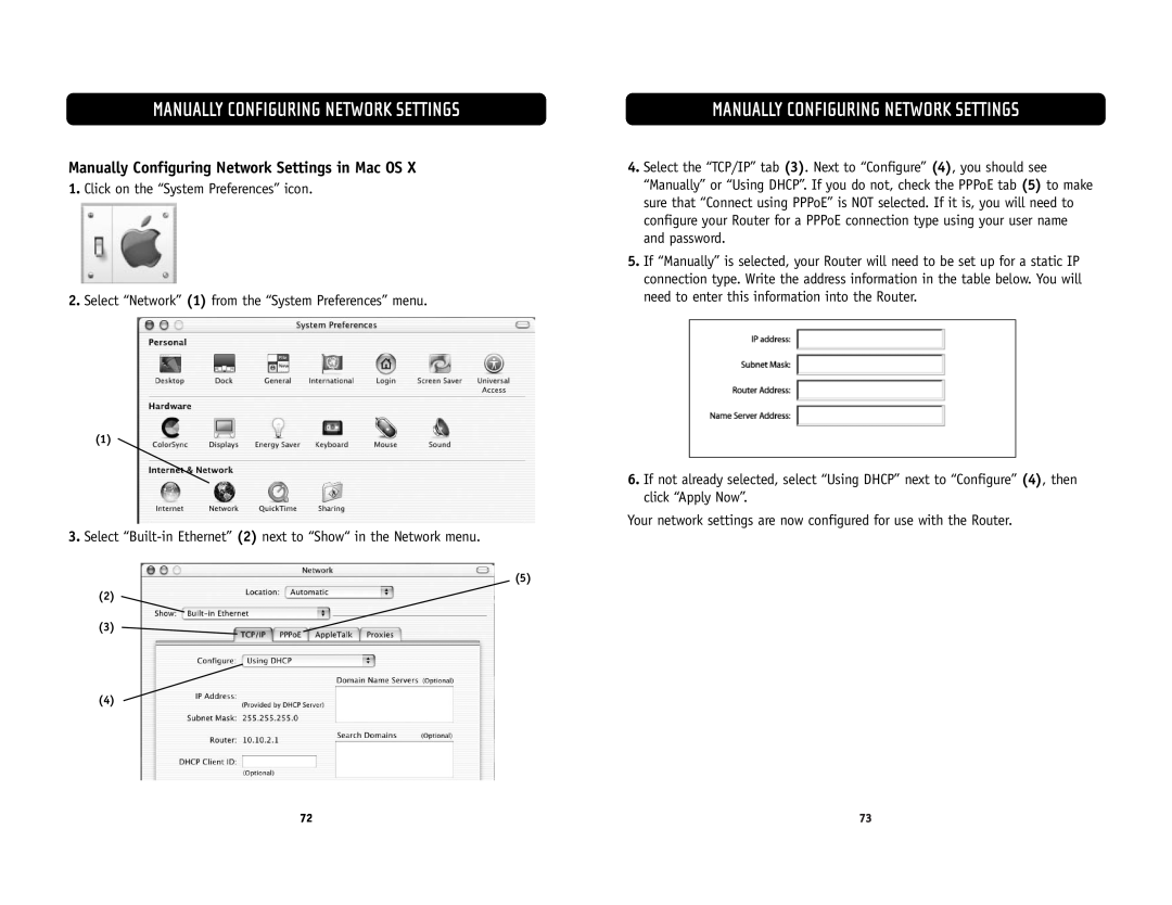 Belkin F5D6231-4 user manual Manually Configuring Network Settings in Mac OS 