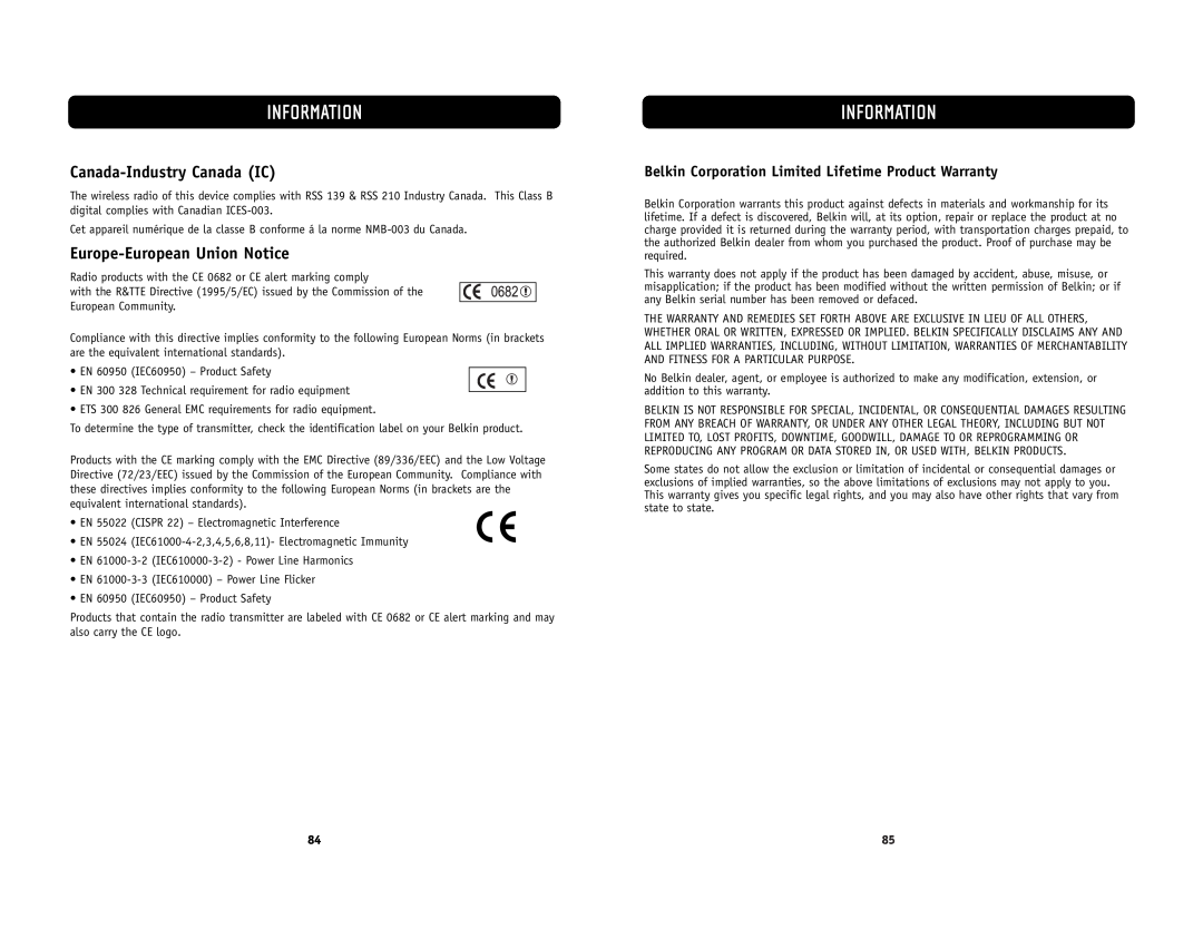 Belkin F5D6231-4 user manual Canada-Industry Canada IC, Europe-European Union Notice, Information 