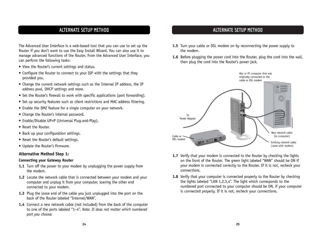 Belkin F5D6231-4 user manual Alternate Setup Method, Alternative Method Step, Connecting your Gateway Router 