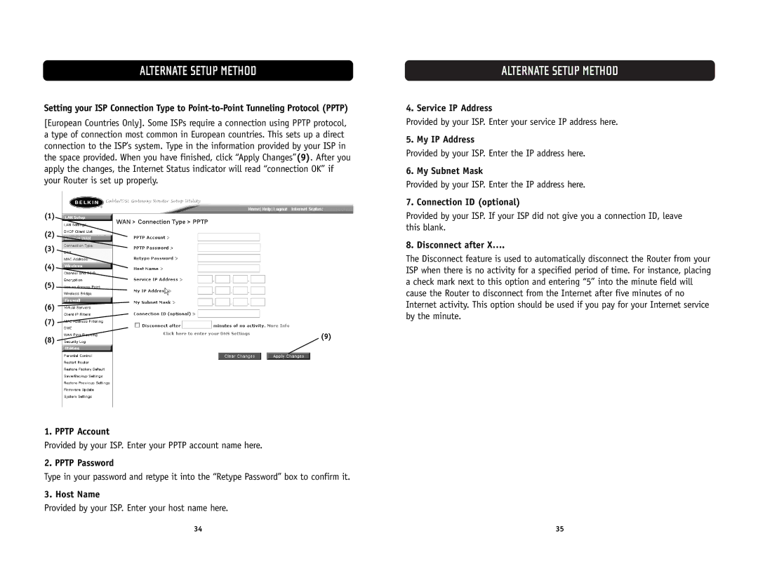 Belkin F5D6231-4 Pptp Account, Pptp Password, Service IP Address, My IP Address, My Subnet Mask, Connection ID optional 