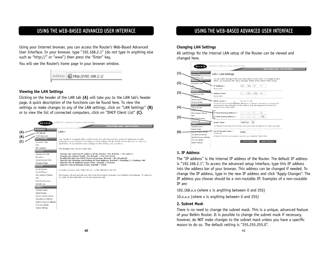 Belkin F5D6231-4 user manual Using the WEB-BASED Advanced User Interface, Viewing the LAN Settings, Changing LAN Settings 