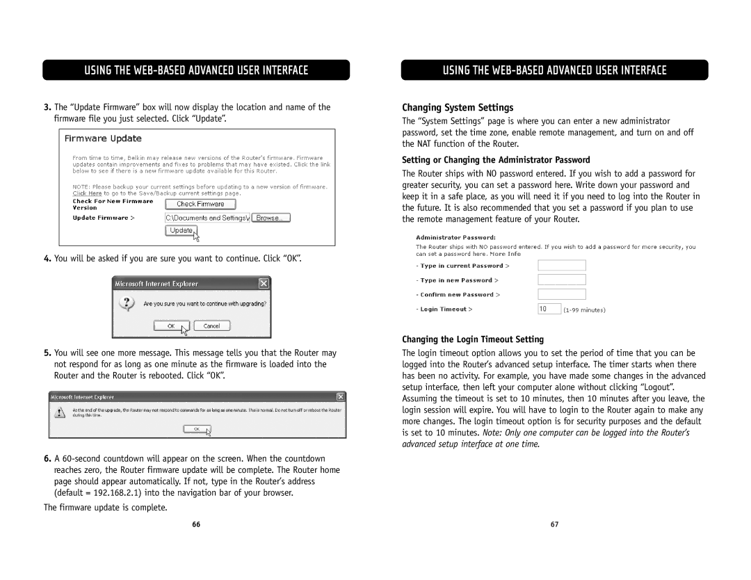 Belkin F5D6231-4 user manual Changing System Settings, Setting or Changing the Administrator Password 