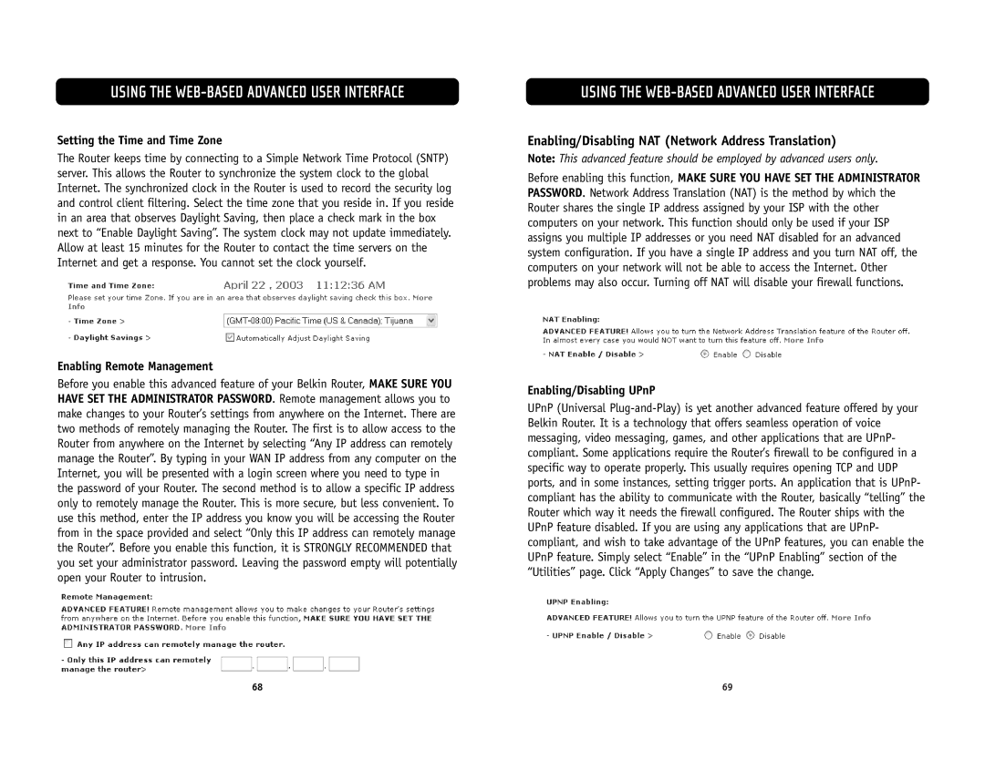 Belkin F5D6231-4 user manual Enabling/Disabling NAT Network Address Translation, Setting the Time and Time Zone 