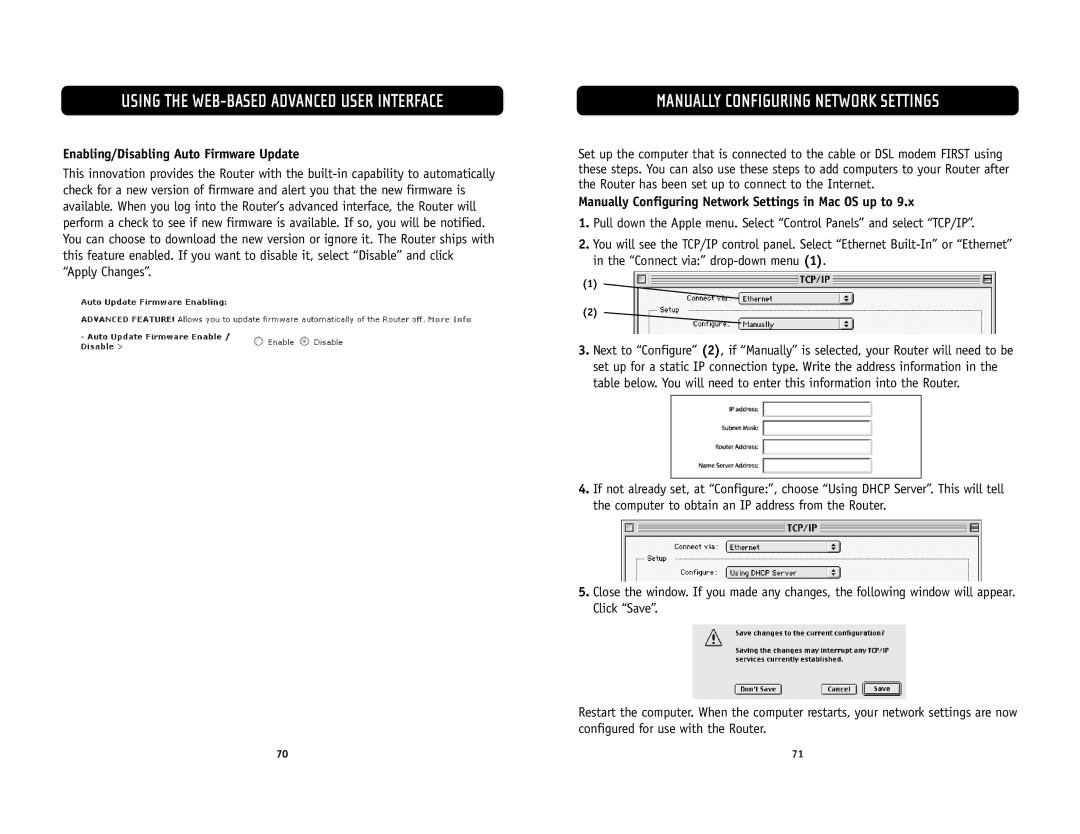 Belkin F5D6231-4 user manual Manually Configuring Network Settings, Enabling/Disabling Auto Firmware Update 