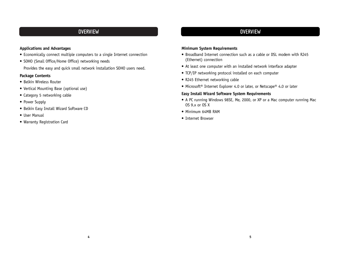 Belkin F5D6231-4 user manual Applications and Advantages, Package Contents, Minimum System Requirements 