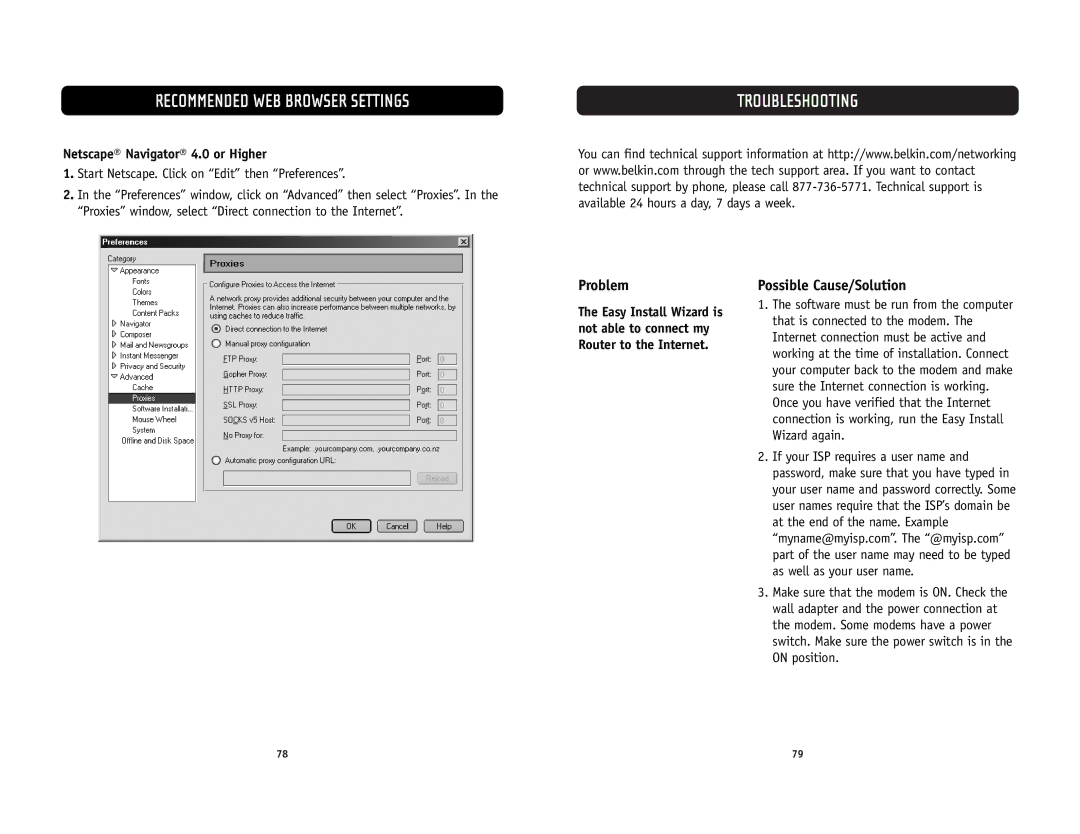 Belkin F5D6231-4 user manual Troubleshooting, Problem, Possible Cause/Solution, Netscape Navigator 4.0 or Higher 