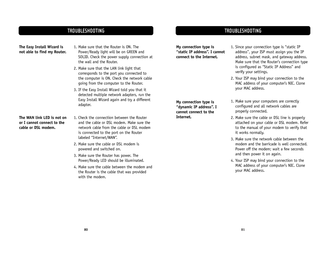 Belkin F5D6231-4 user manual Troubleshooting 