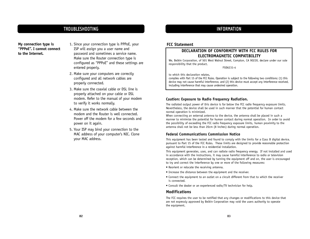 Belkin F5D6231-4 Troubleshooting Information, FCC Statement, Modifications, Federal Communications Commission Notice 