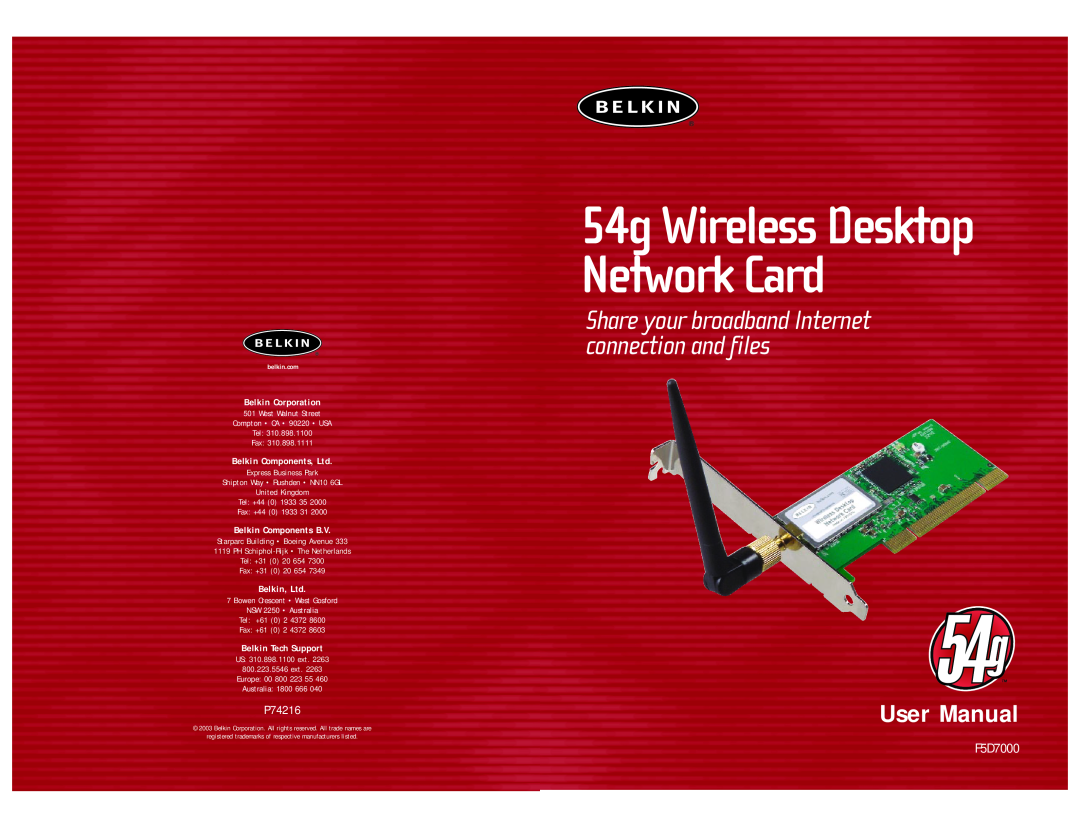 Belkin F5D7000 user manual 54g Wireless Desktop Network Card, Share your broadband Internet connection and files, P74216 