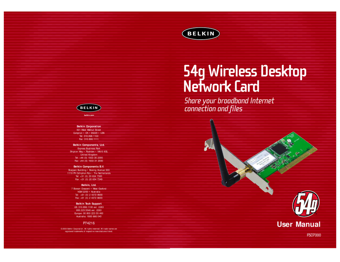 Belkin F5D7000 user manual 54g Wireless Desktop Network Card 