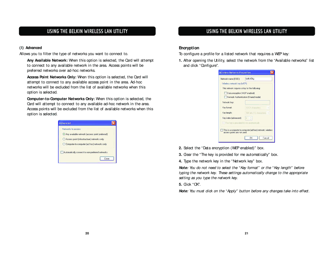 Belkin F5D7000 user manual Encryption, Advanced 