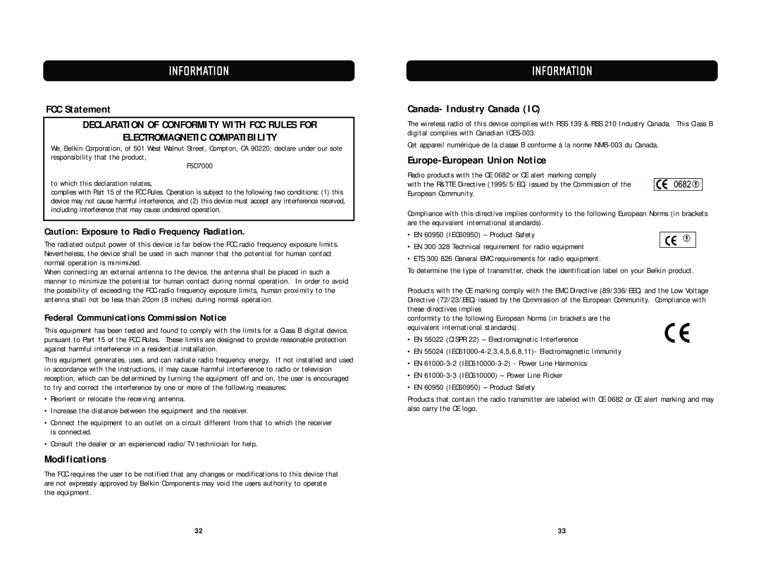 Belkin F5D7000 Information, FCC Statement, Modifications, Canada- Industry Canada IC, Europe-European Union Notice 