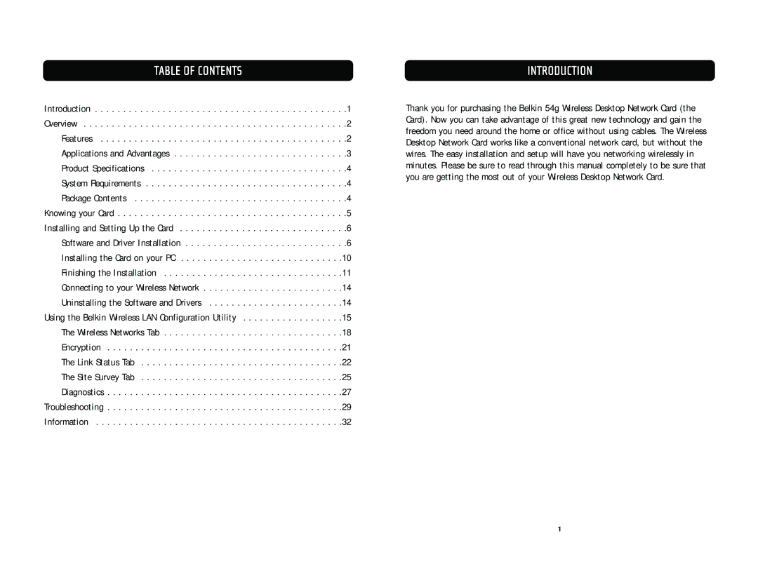 Belkin F5D7000 user manual Table of Contents, Introduction 