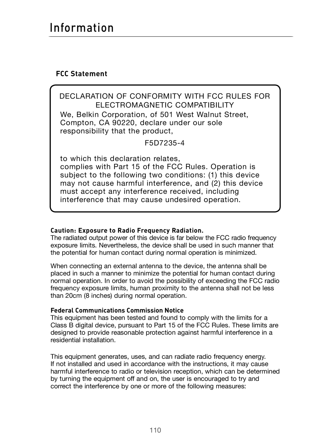 Belkin F5D7000 user manual Information, FCC Statement 