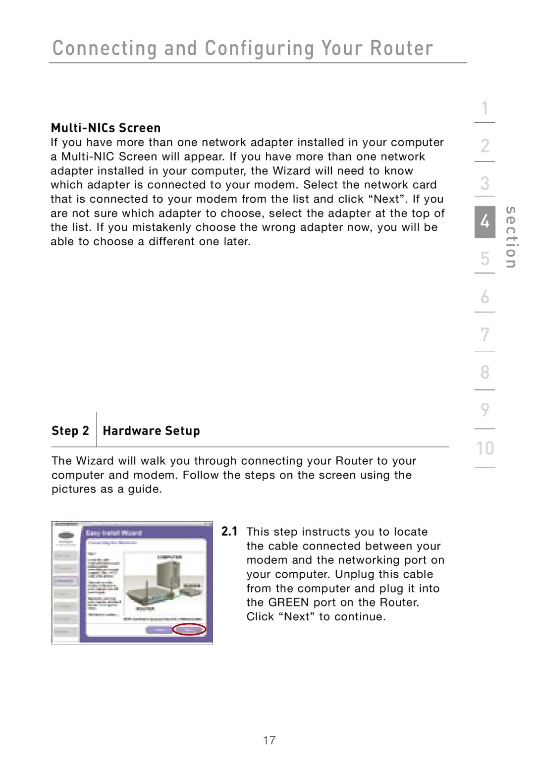 Belkin F5D7000 user manual Multi-NICs Screen, Hardware Setup 