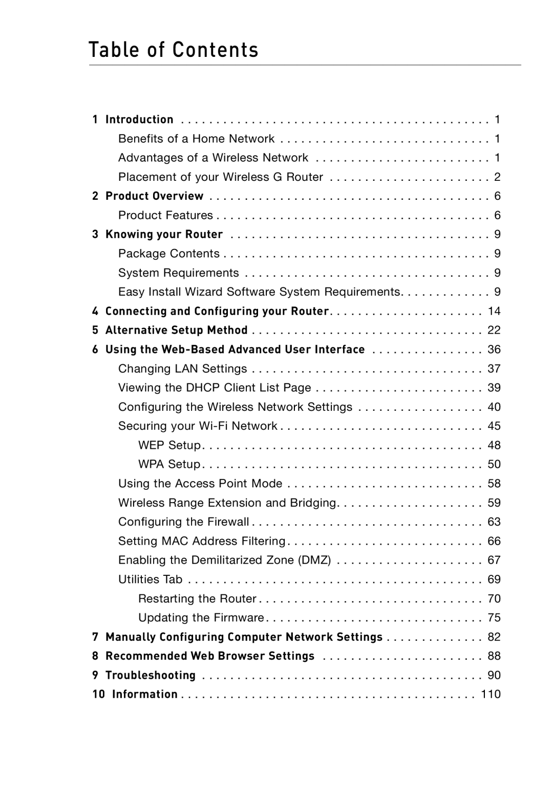 Belkin F5D7000 user manual Table of Contents 