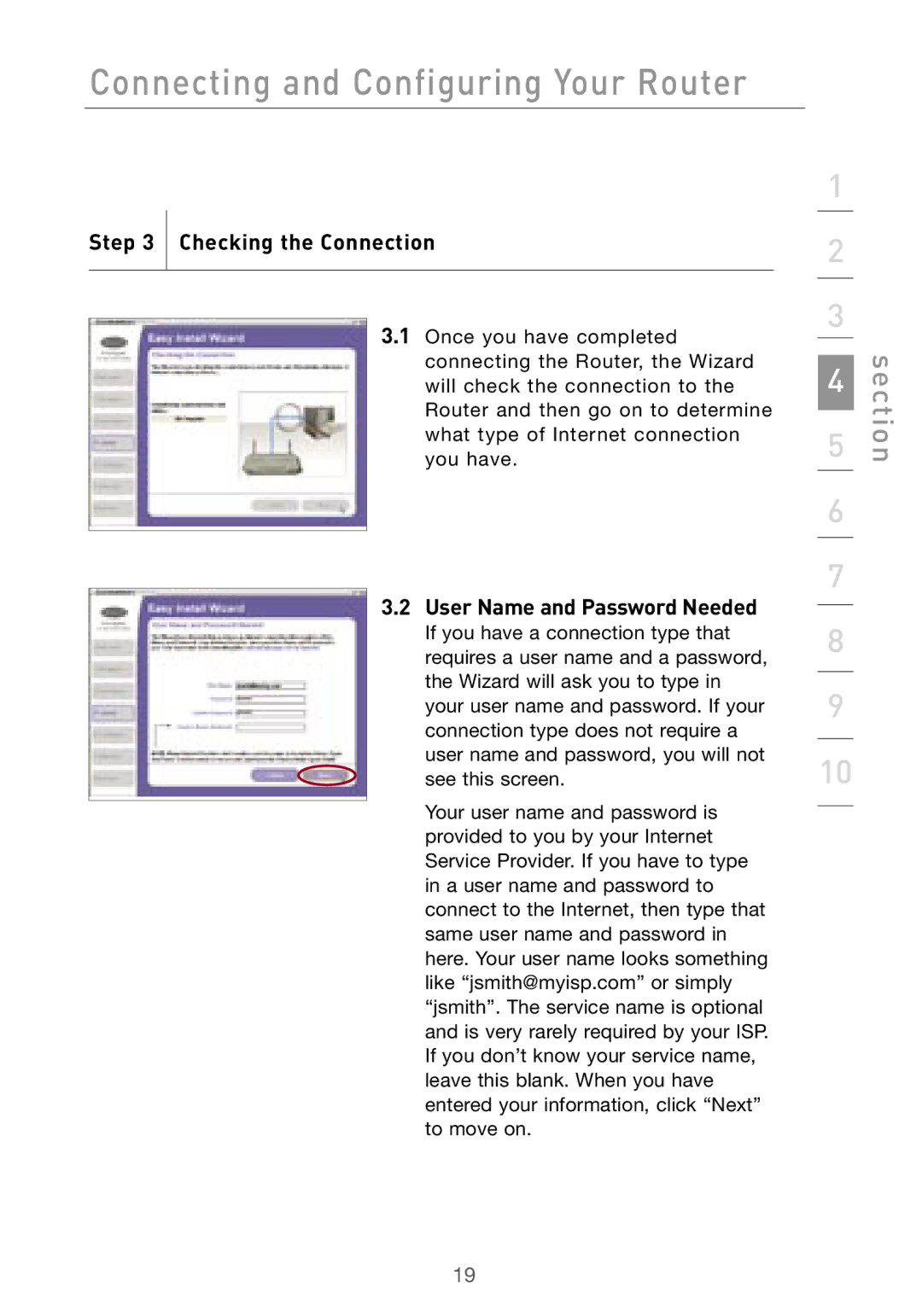 Belkin F5D7000 user manual Checking the Connection, User Name and Password Needed 