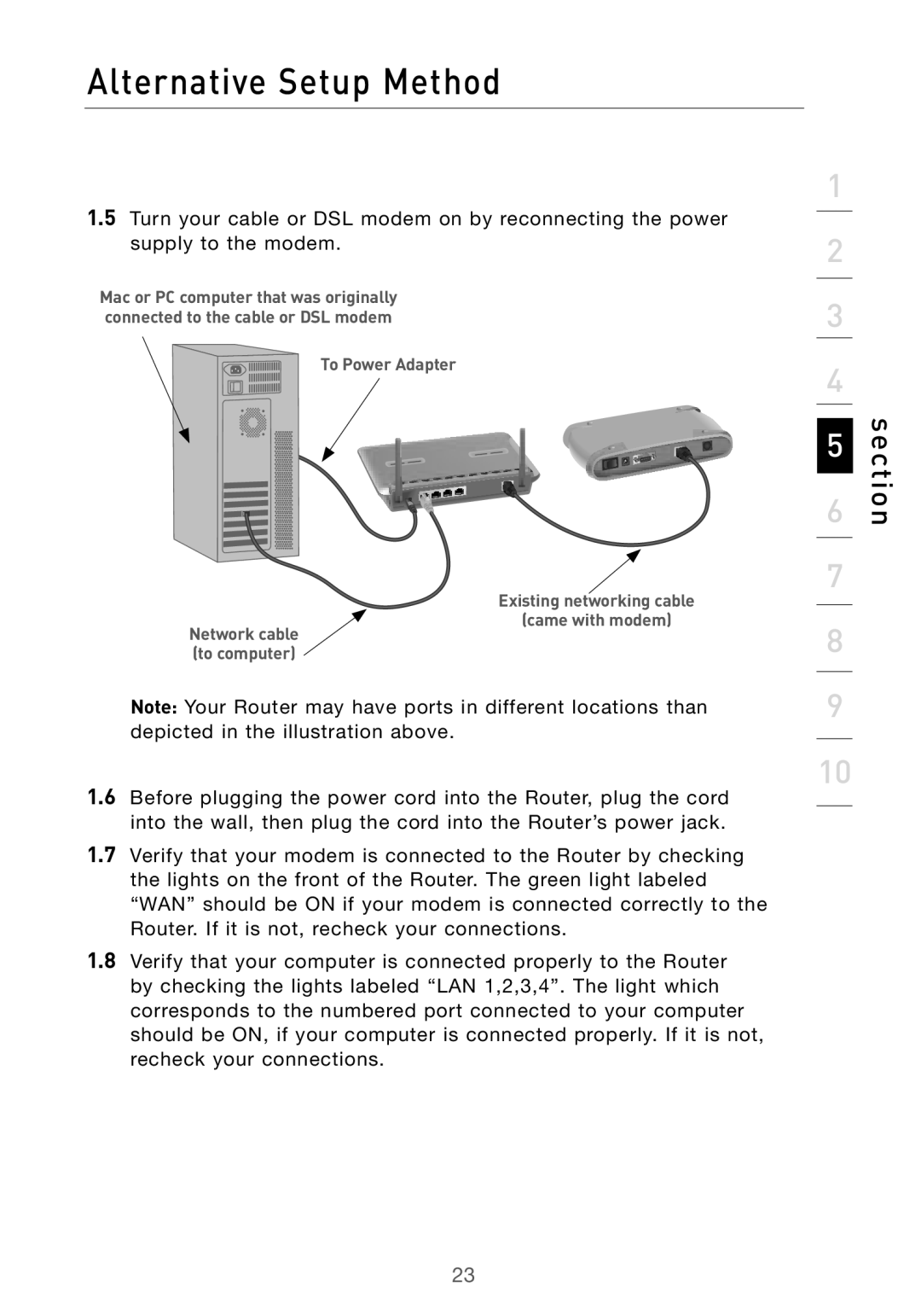 Belkin F5D7000 user manual To Power Adapter Existing networking cable 