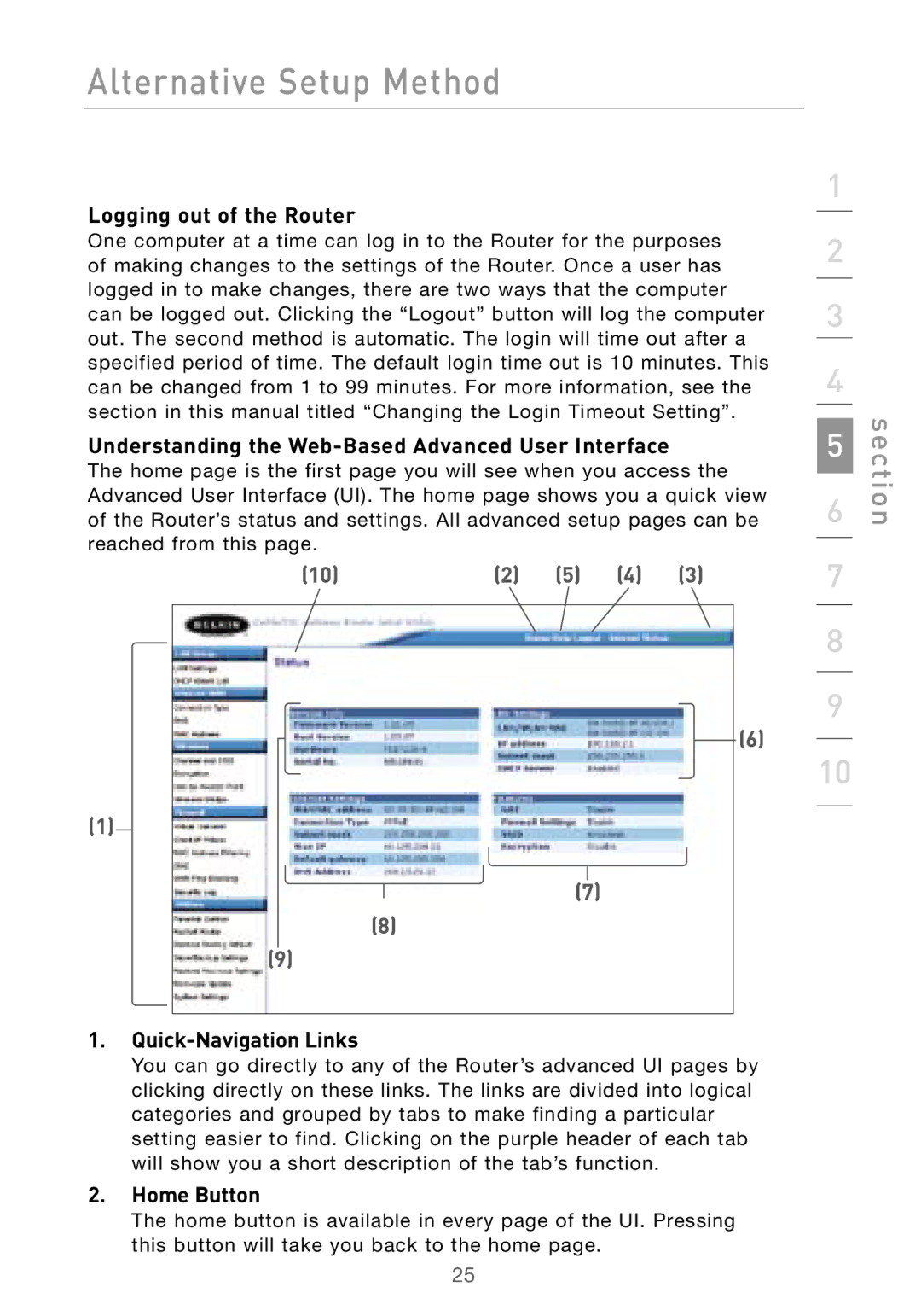 Belkin F5D7000 Logging out of the Router, Understanding the Web-Based Advanced User Interface, Quick-Navigation Links 