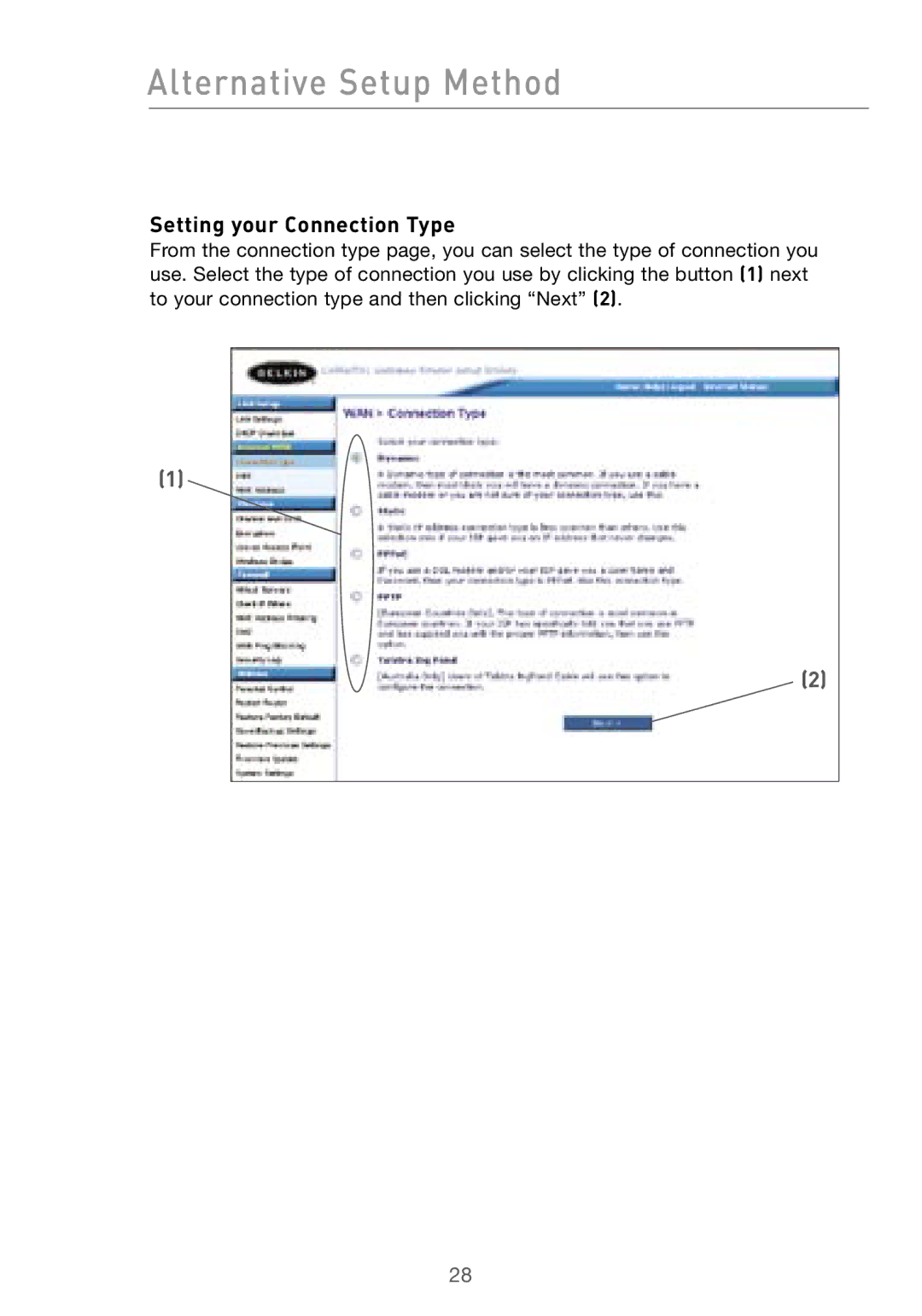 Belkin F5D7000 user manual Setting your Connection Type 