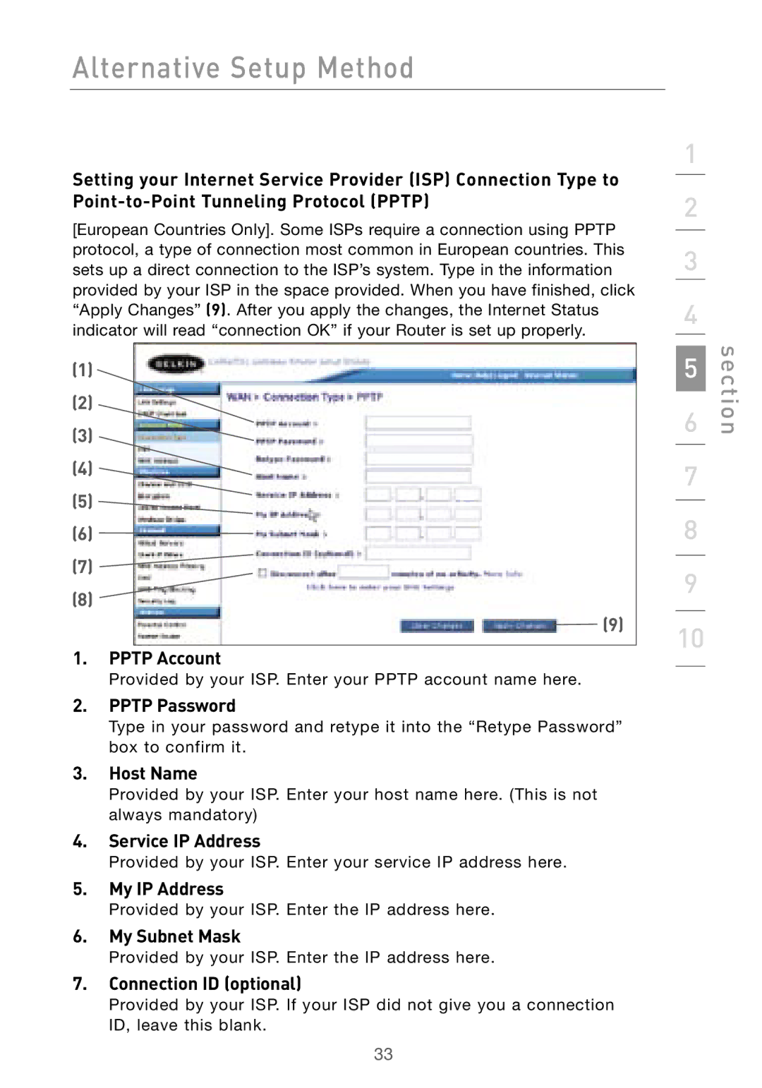 Belkin F5D7000 Pptp Account, Pptp Password, Service IP Address, My IP Address, My Subnet Mask, Connection ID optional 