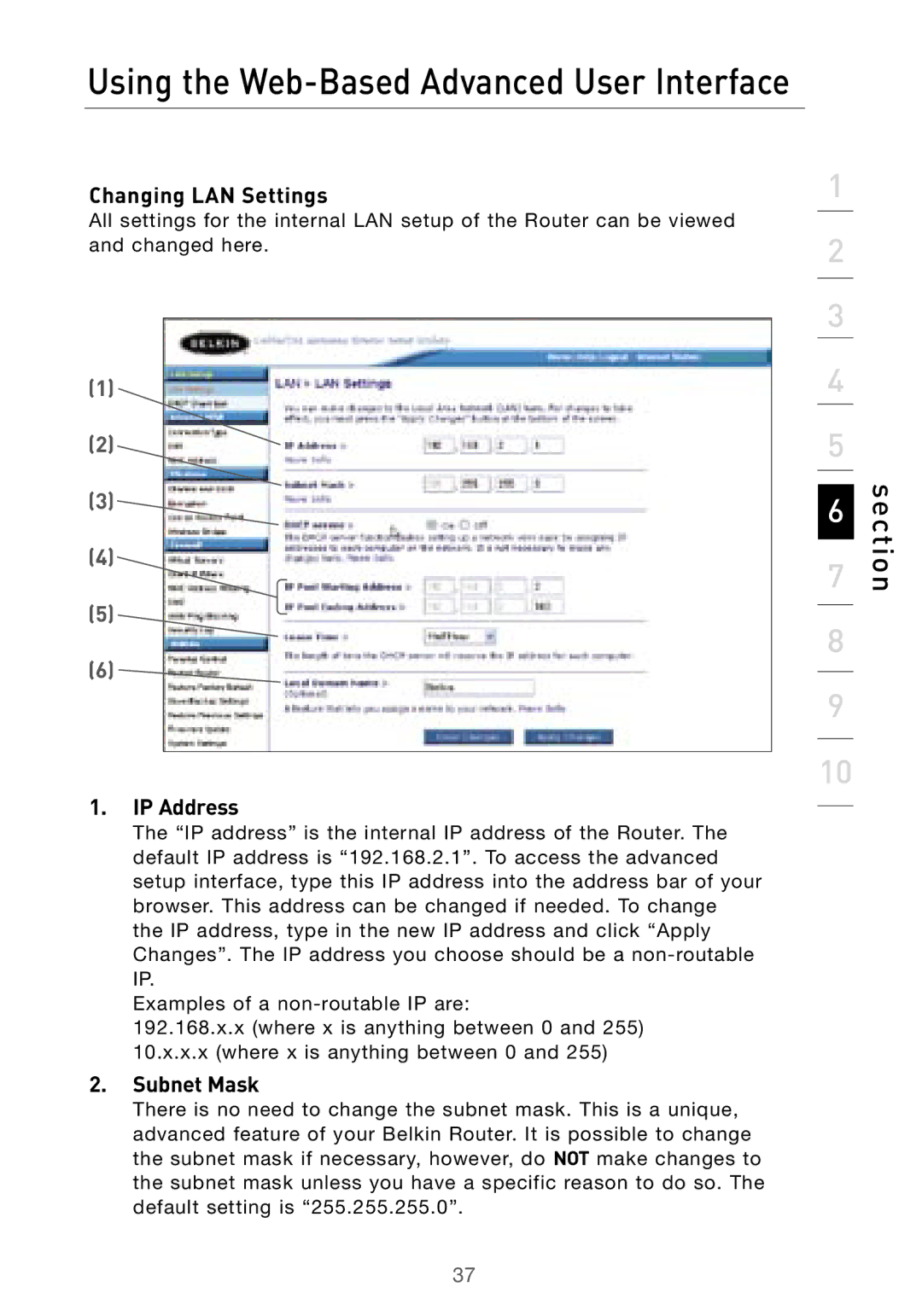 Belkin F5D7000 user manual Changing LAN Settings, IP Address 