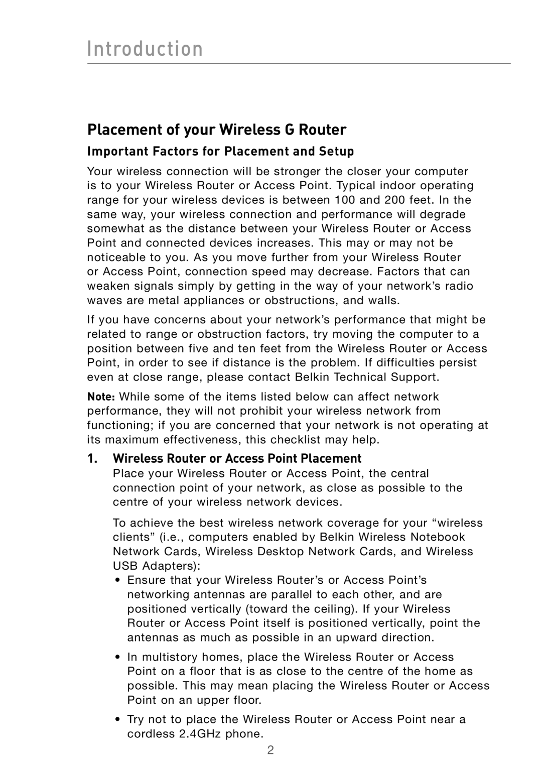 Belkin F5D7000 user manual Important Factors for Placement and Setup, Wireless Router or Access Point Placement 