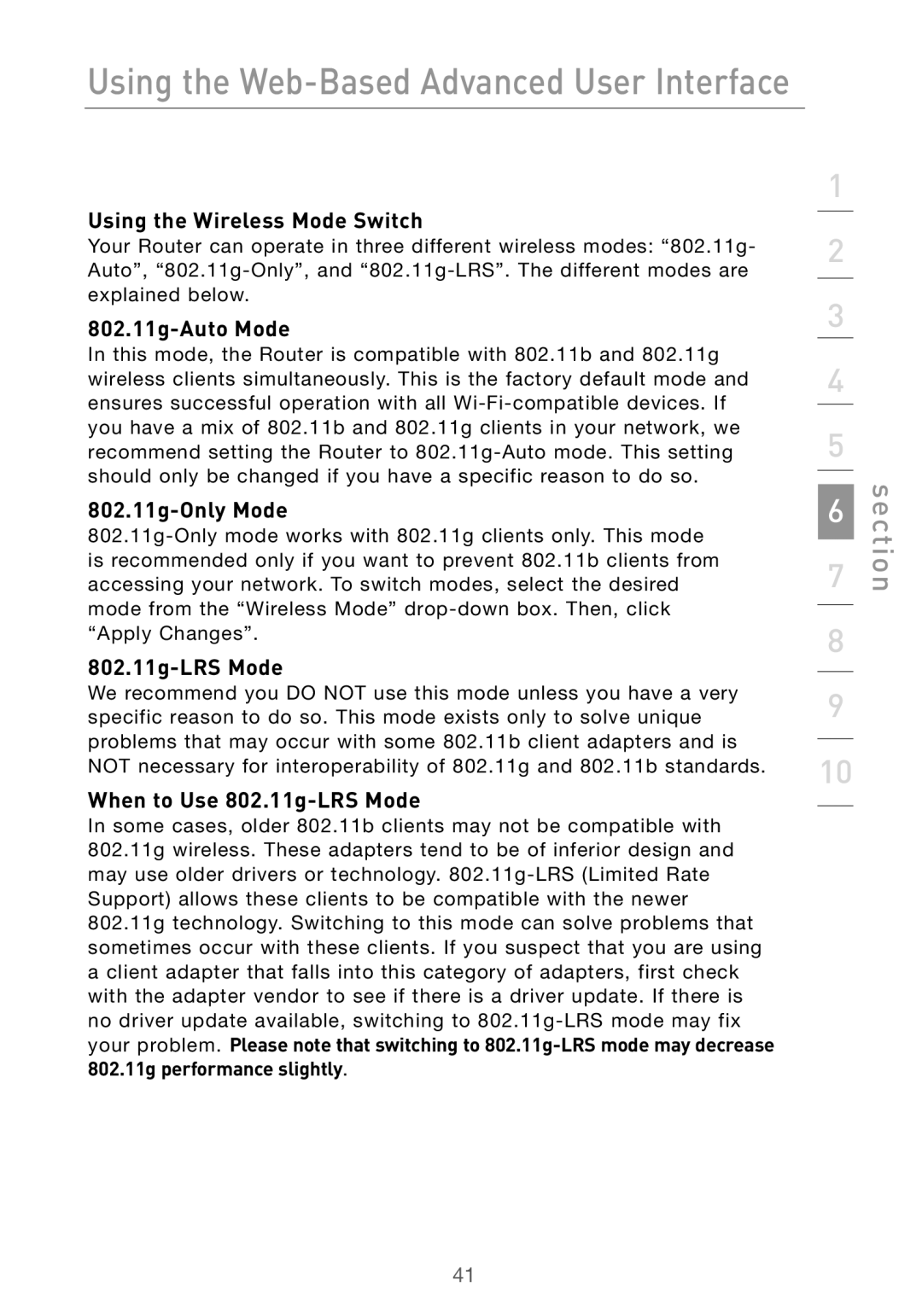 Belkin F5D7000 user manual Using the Wireless Mode Switch, 802.11g-Auto Mode, 802.11g-Only Mode, 802.11g-LRS Mode 