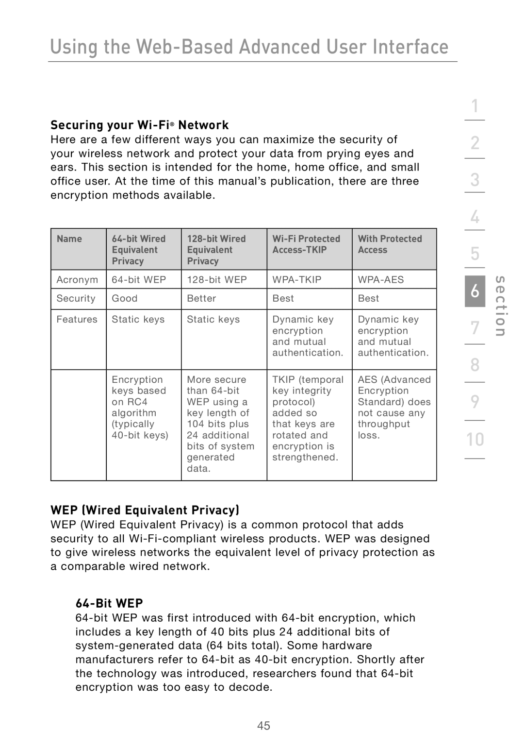 Belkin F5D7000 user manual Securing your Wi-FiNetwork, WEP Wired Equivalent Privacy, Bit WEP 