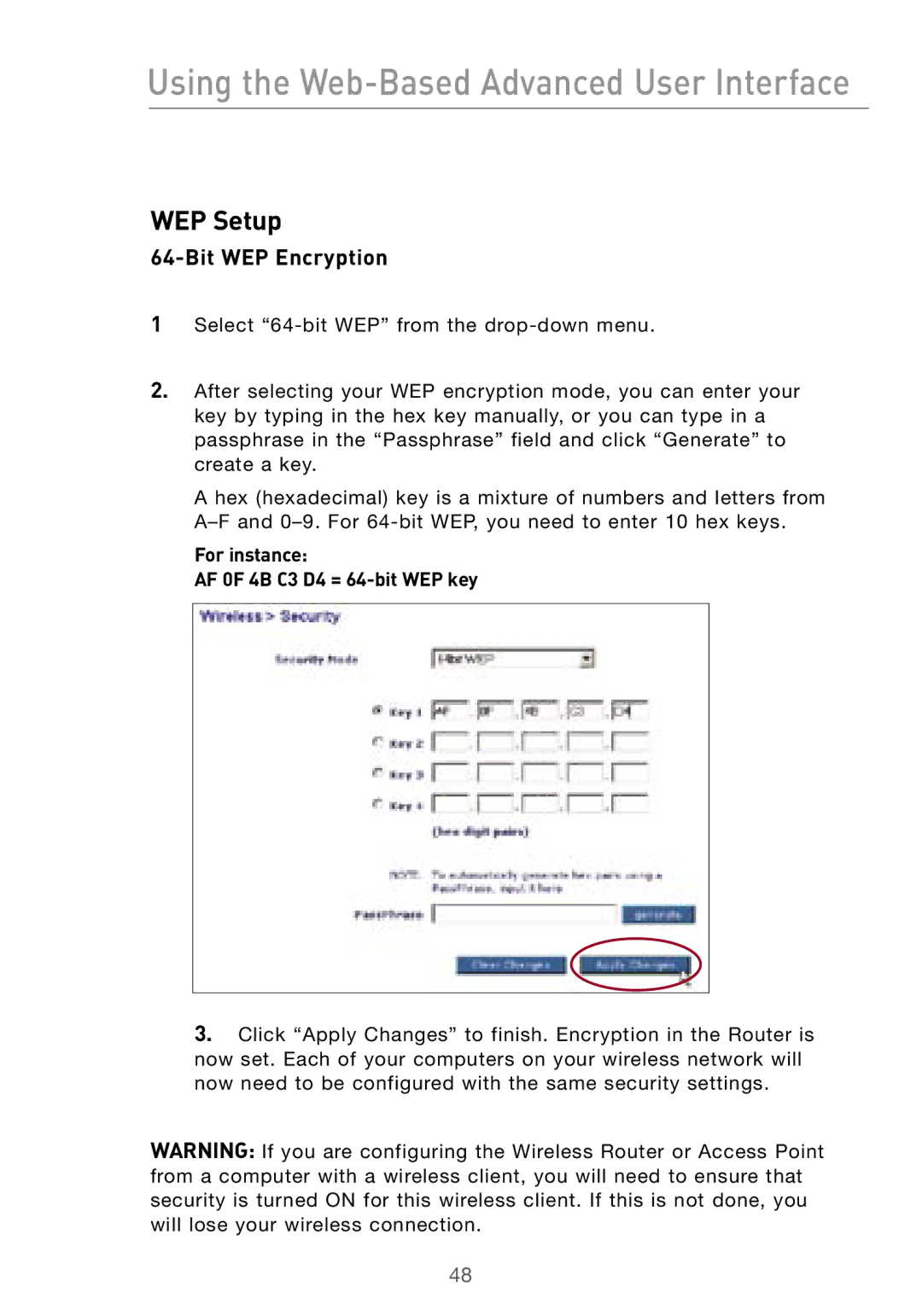 Belkin F5D7000 user manual WEP Setup, Bit WEP Encryption 