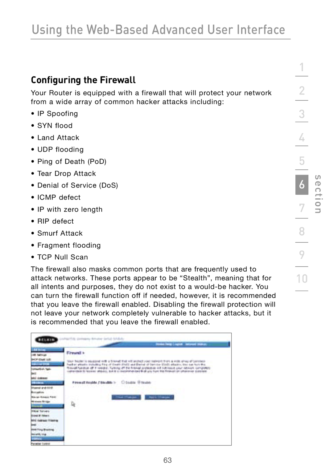 Belkin F5D7000 user manual Configuring the Firewall 