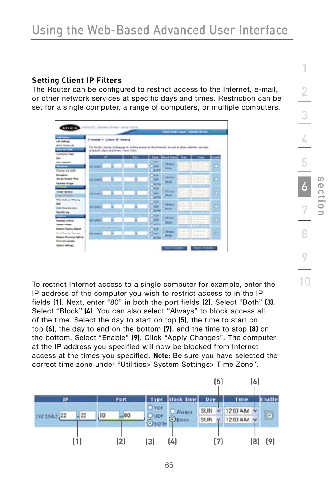 Belkin F5D7000 user manual Setting Client IP Filters 