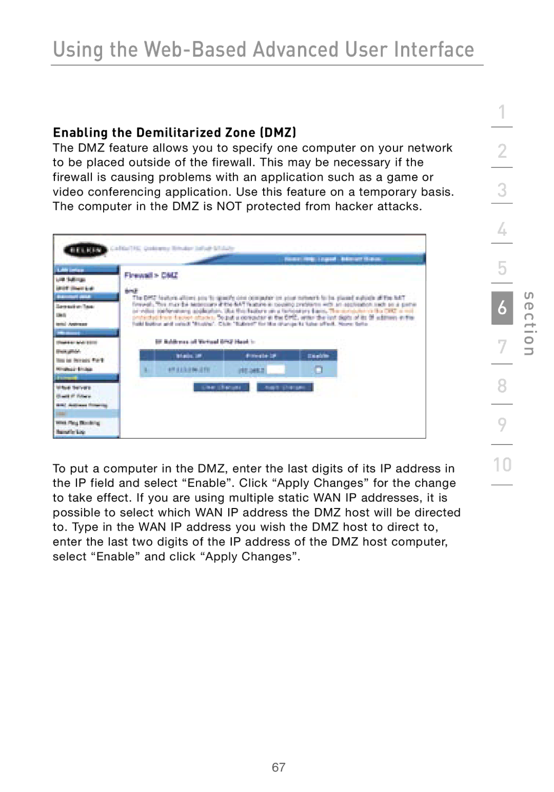 Belkin F5D7000 user manual Enabling the Demilitarized Zone DMZ 