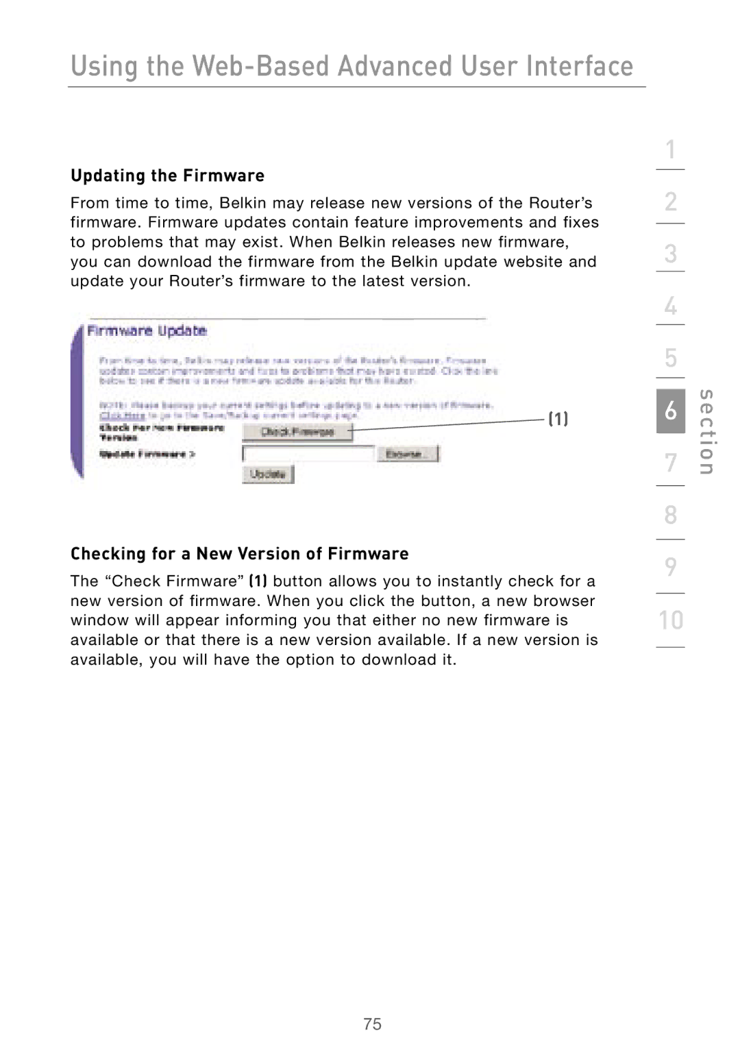 Belkin F5D7000 user manual Updating the Firmware, Checking for a New Version of Firmware 