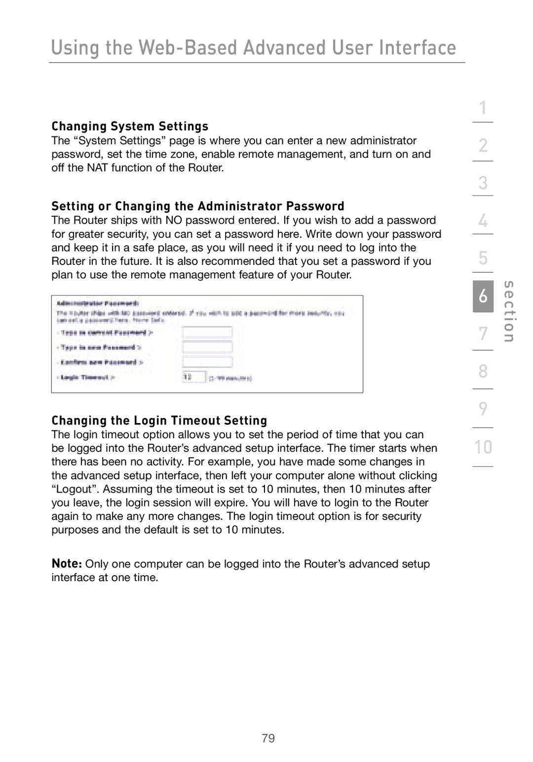 Belkin F5D7000 user manual Changing System Settings, Setting or Changing the Administrator Password 