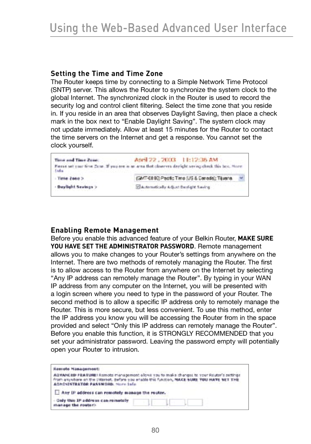 Belkin F5D7000 user manual Setting the Time and Time Zone, Enabling Remote Management 