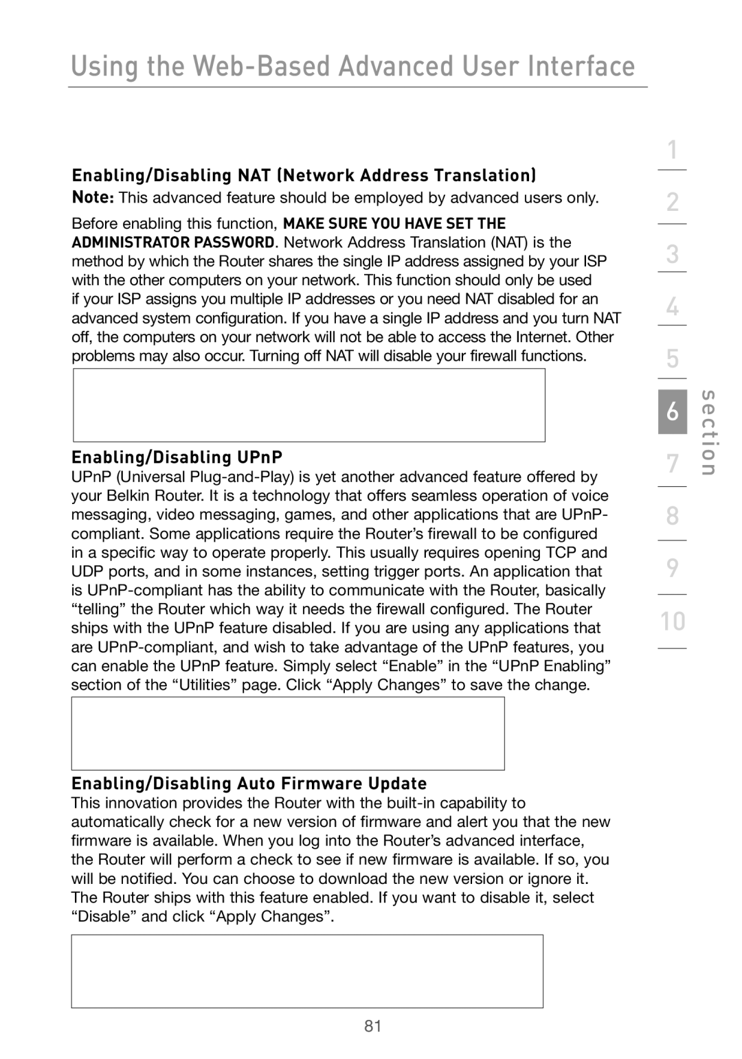 Belkin F5D7000 user manual Enabling/Disabling NAT Network Address Translation, Enabling/Disabling UPnP 