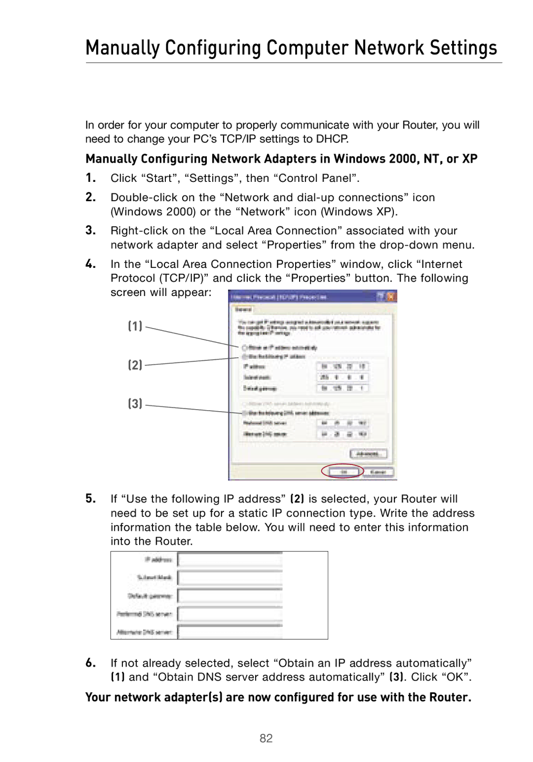 Belkin F5D7000 user manual Manually Configuring Computer Network Settings 