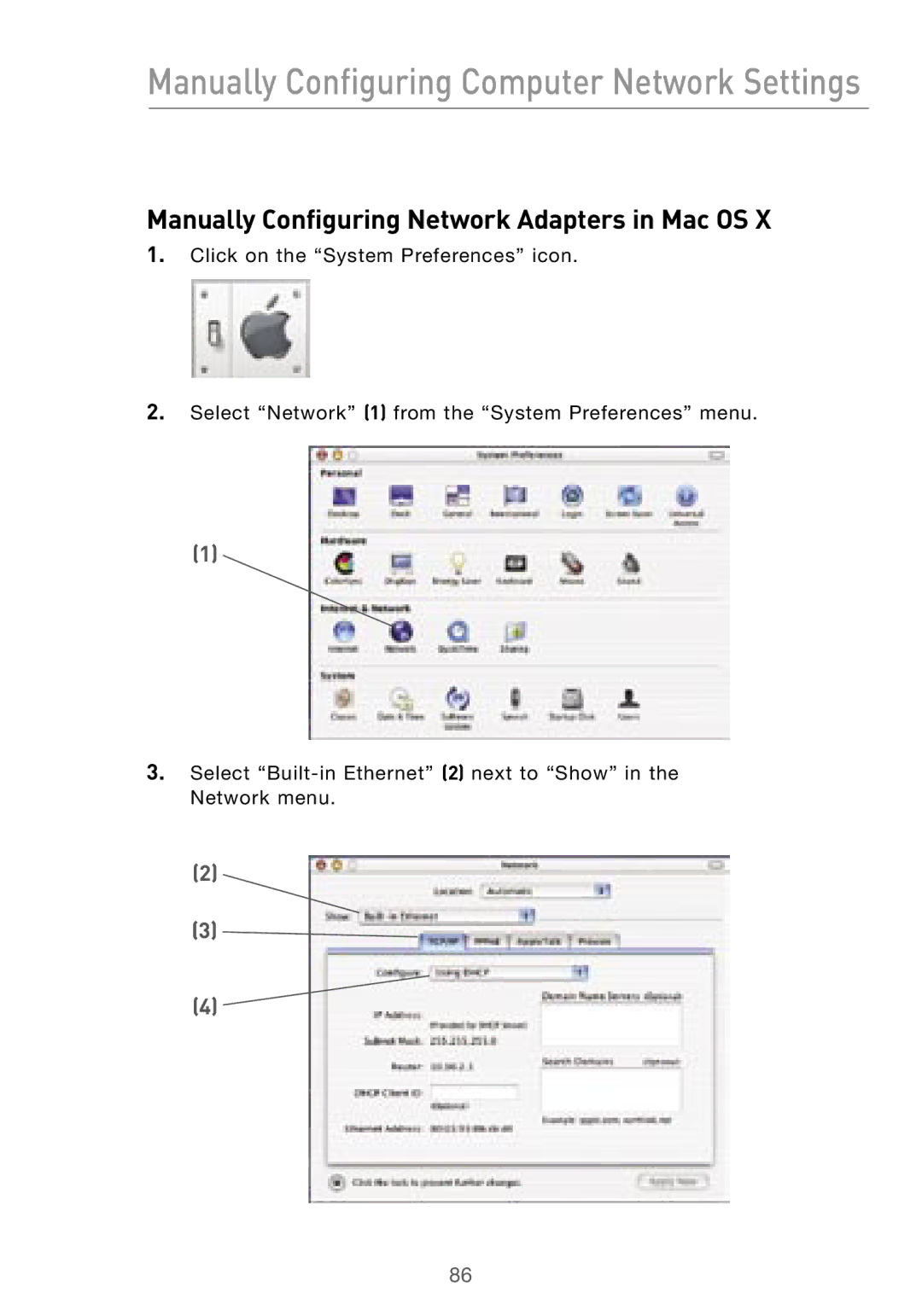 Belkin F5D7000 user manual Manually Configuring Network Adapters in Mac OS 