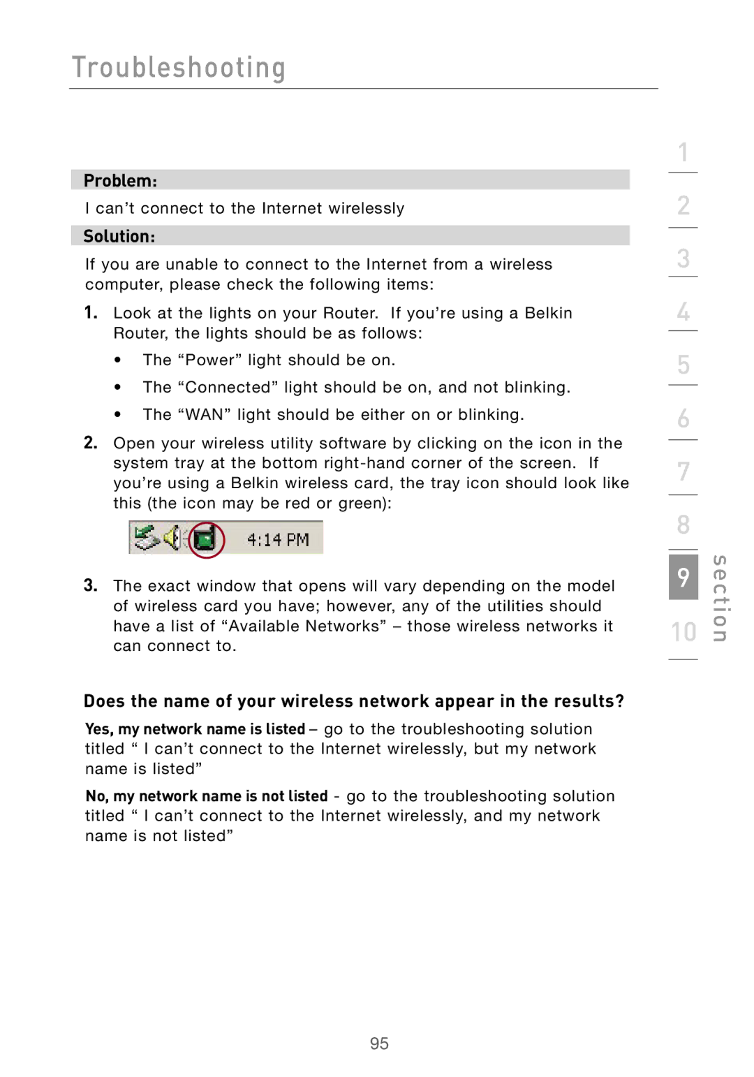 Belkin F5D7000 user manual Can’t connect to the Internet wirelessly 