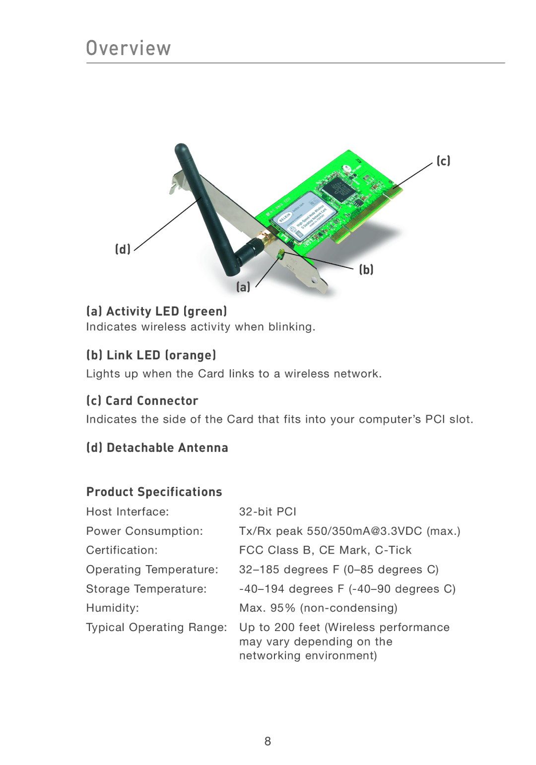 Belkin F5D7001 user manual Activity LED green, Link LED orange, Card Connector, Detachable Antenna Product Specifications 