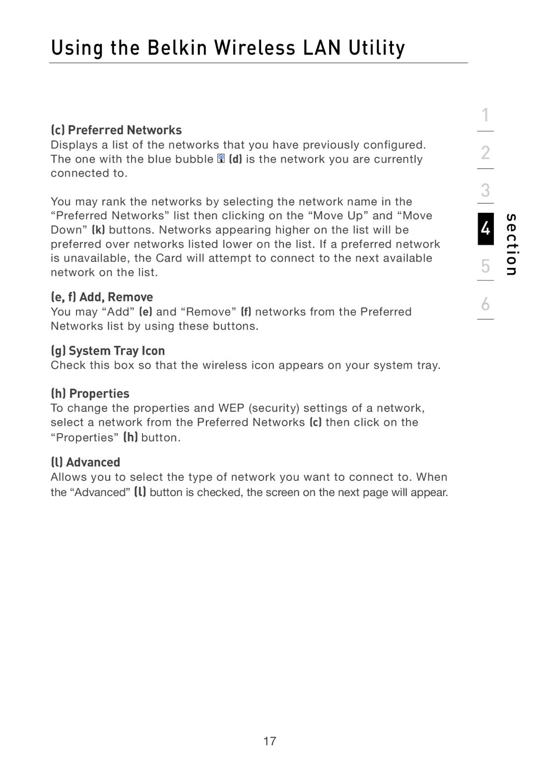 Belkin F5D7001 user manual Preferred Networks, Add, Remove, System Tray Icon, Properties, Advanced 