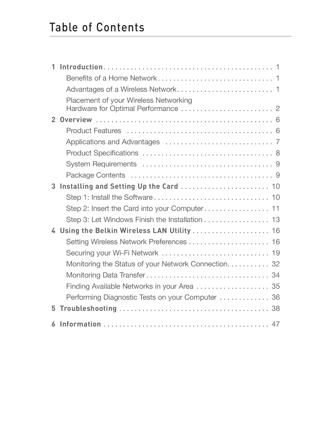 Belkin F5D7001 user manual Table of Contents 