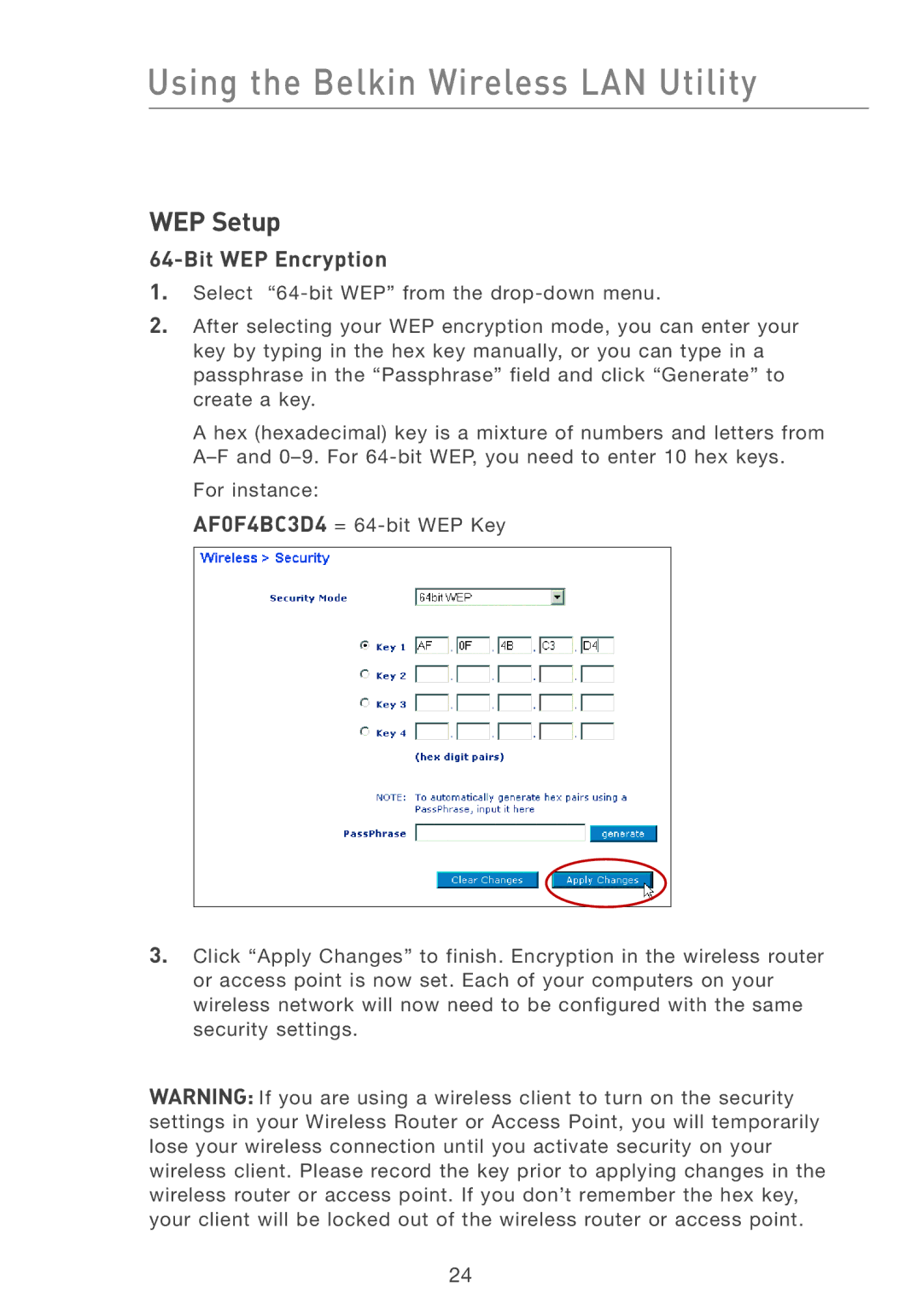 Belkin F5D7001 user manual WEP Setup, Bit WEP Encryption 