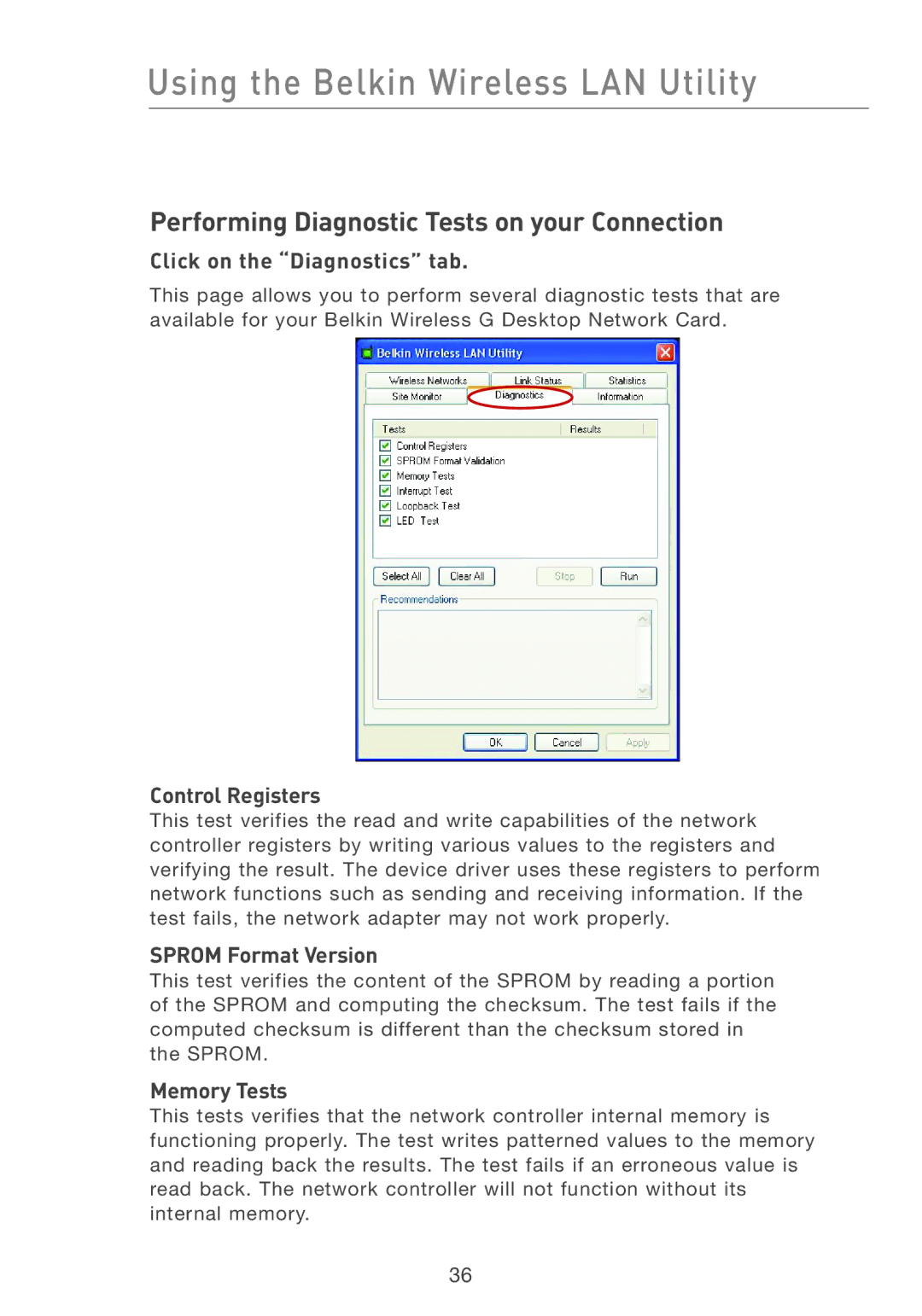 Belkin F5D7001 user manual Performing Diagnostic Tests on your Connection, Click on the Diagnostics tab, Control Registers 