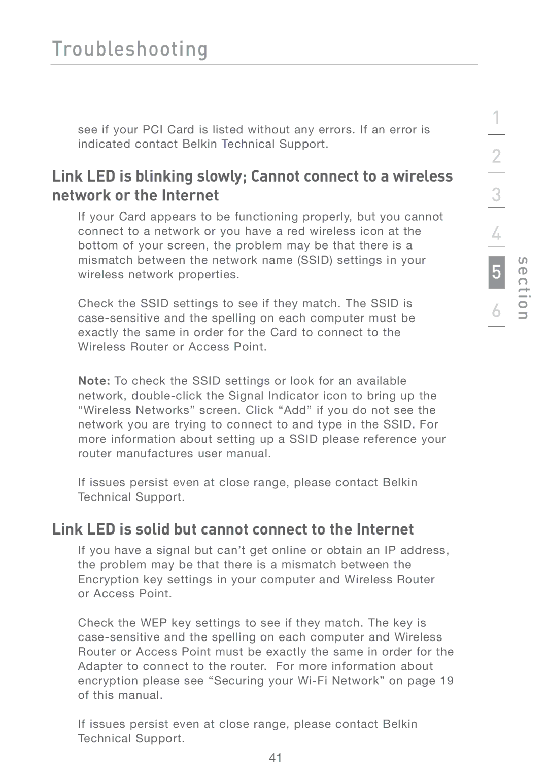 Belkin F5D7001 user manual Link LED is solid but cannot connect to the Internet 