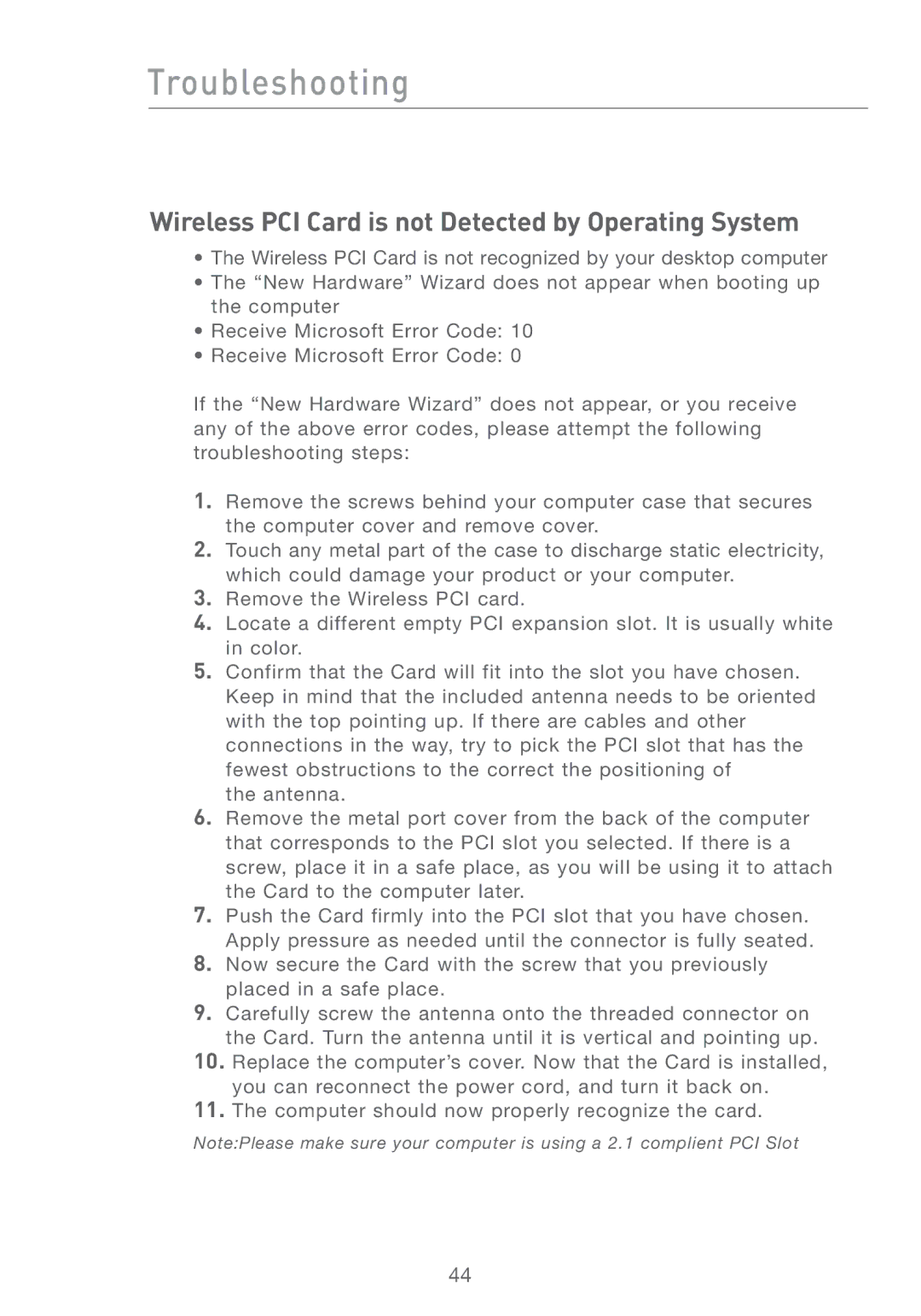 Belkin F5D7001 user manual Wireless PCI Card is not Detected by Operating System 