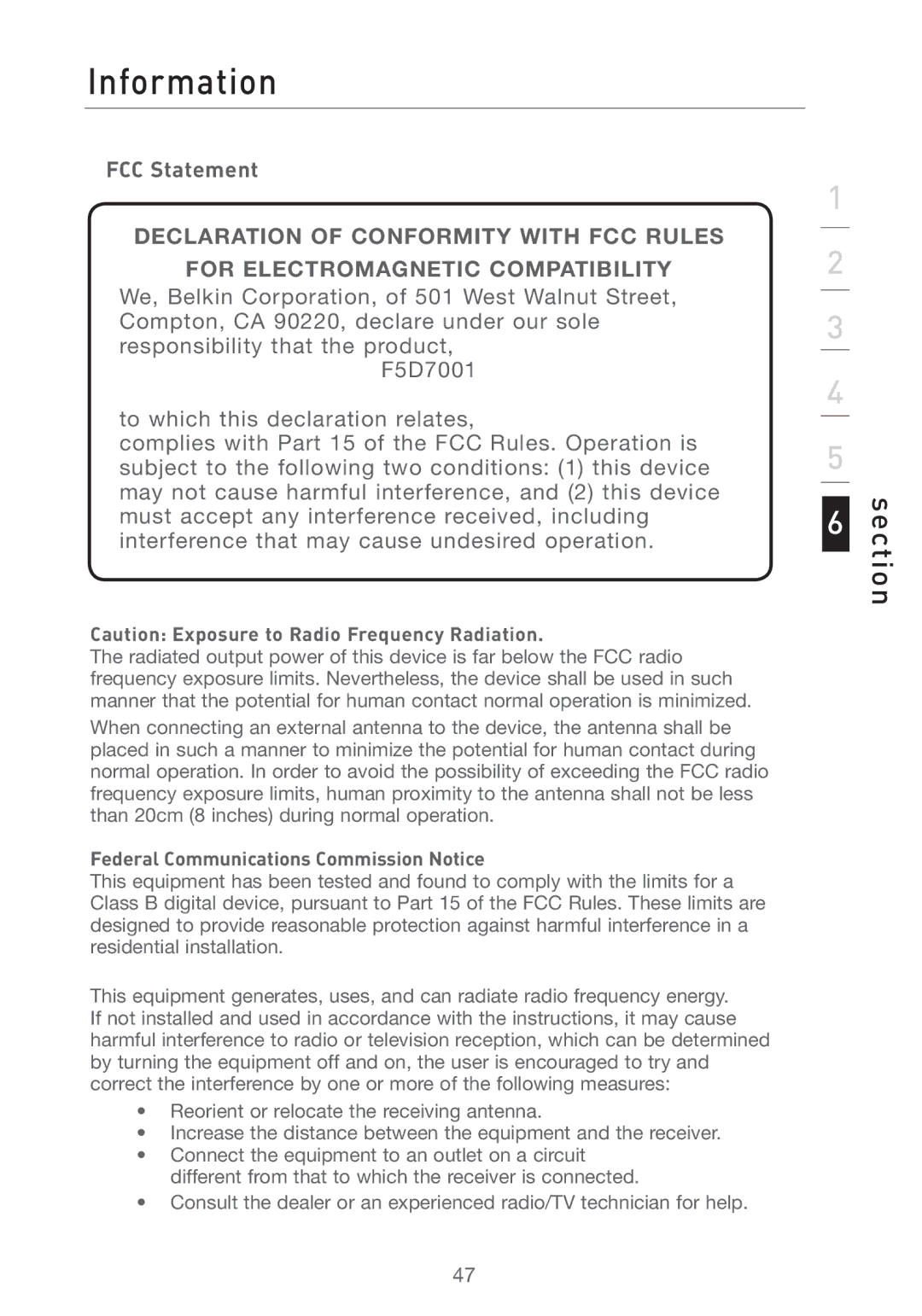 Belkin F5D7001 user manual FCC Statement, Federal Communications Commission Notice 