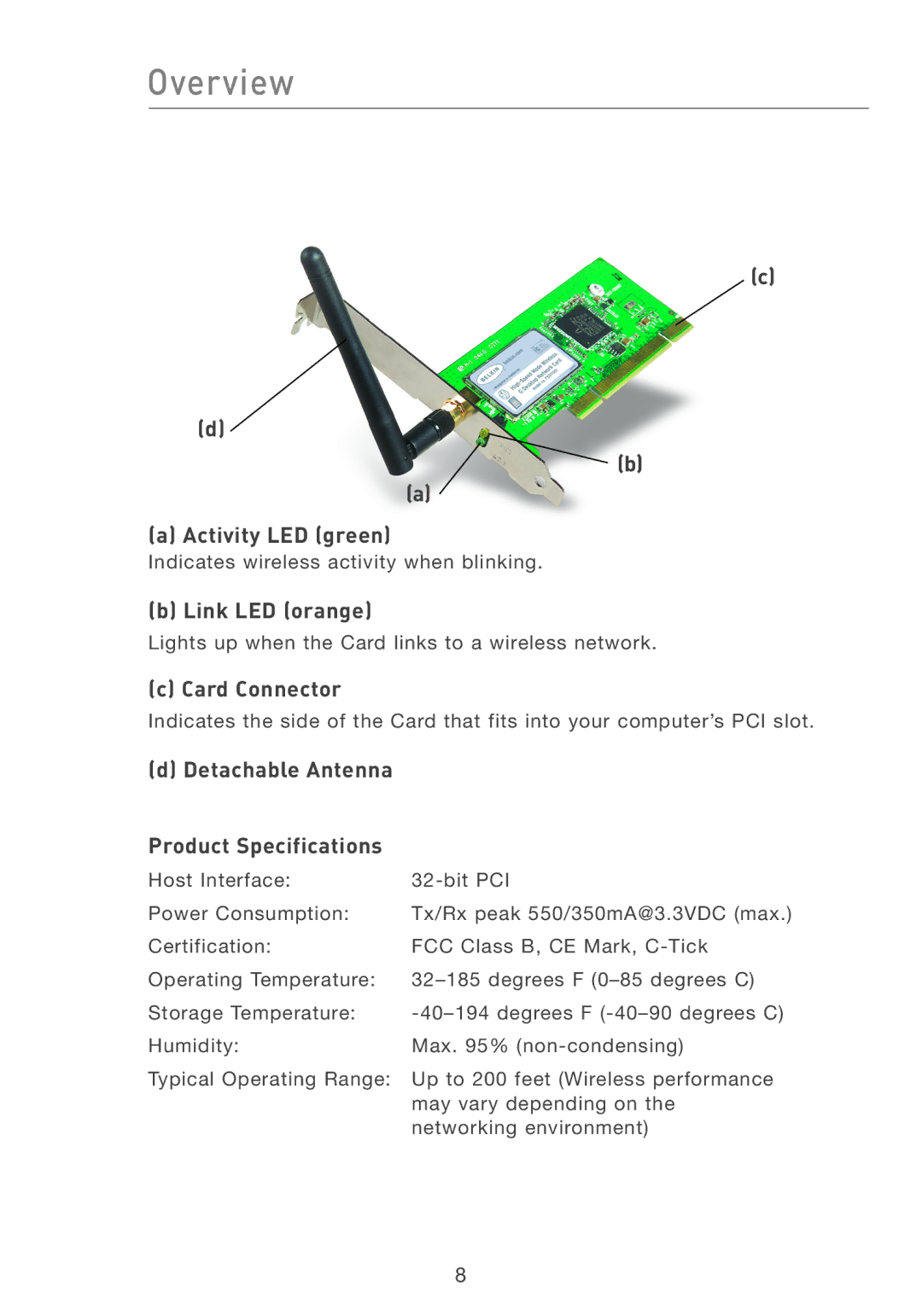 Belkin F5D7001 user manual Activity LED green, Link LED orange, Card Connector, Detachable Antenna Product Specifications 