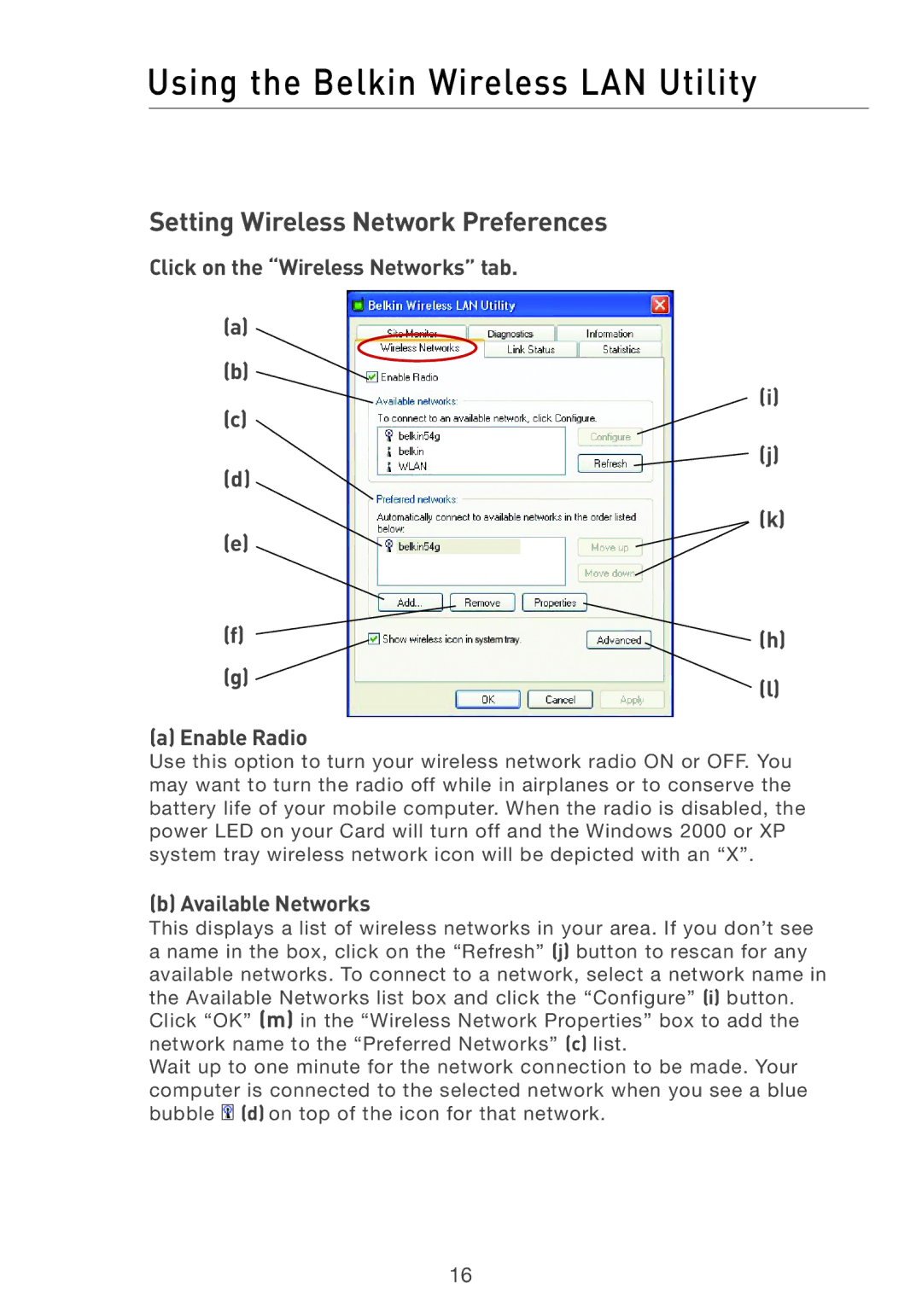 Belkin F5D7001 Setting Wireless Network Preferences, Click on the Wireless Networks tab Enable Radio, Available Networks 